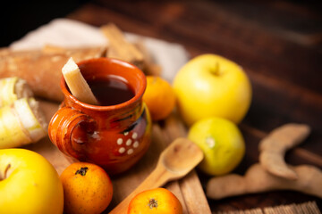 Ponche de Frutas. Christmas fruit punch is an infusion that is consumed in Mexico, traditionally during posadas and Christmas time. Served in a handmade clay cup called cantarito.