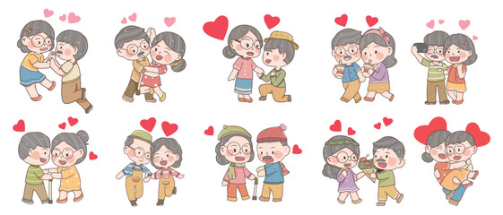 set of older couple character illustration, grandparents' day