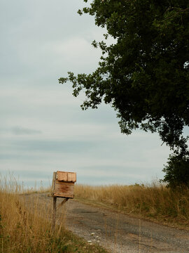 Isolated wooden mailbox on the side of a country road.