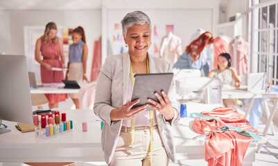 Digital tablet, ecommerce and elderly business woman checking sales, profit and inventory for small...