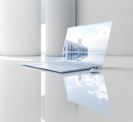 Fototapeta na wymiar Modern empty white space with laptop, light interior design with reflection, optical illusion. Business concept, Lifestyle concept, background for presentation. 3d render