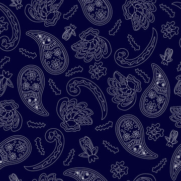 Seamless pattern based on an ornament with a Paisley bandana print, white outline on a dark blue background, scarf around the neck, print on fabric, wallpaper