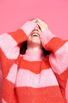 Unrecognizable happy colorful woman portraits