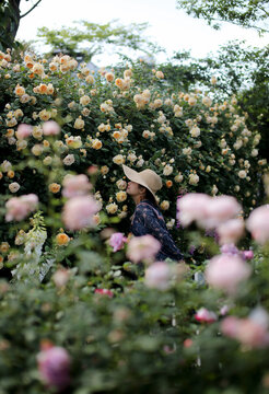 Pretty asian lady in beautiful flowers

