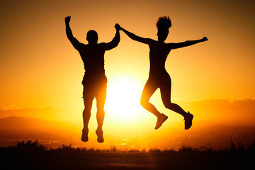 Fototapeta na wymiar Sunset, jump and view with a sports couple outdoor in nature for a workout, fitness or exercise together. Silhouette, motivation and health with a man and woman jumping in celebration of a goal