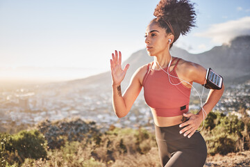 Fitness, music and mountain with black woman running with phone for health, training and sports....