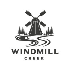 River and windmill design inspiration. Vintage farm logo template
