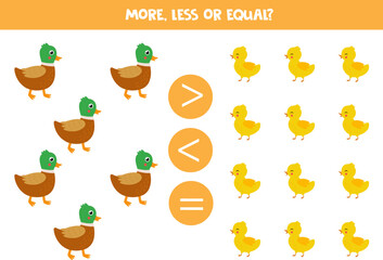 More, less or equal with cartoon ducks and ducklings.