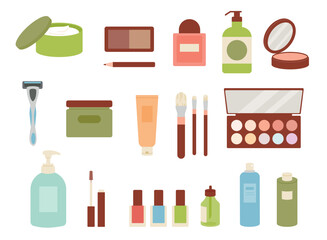 Fototapeta premium Collection of skincare and makeup products. flat vector illustration.