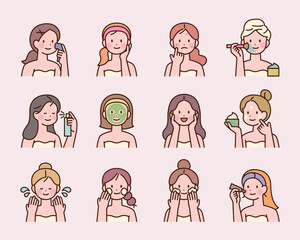 Cute female faces and various skin care methods. Information design in icon style with outline.