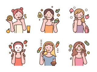 Healthy cosmetics made with various fruits and vegetables. Cute female characters are doing skin care. outline style illustration.