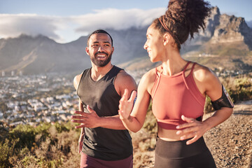 Training, exercise and black couple running in nature for fitness, heart health and wellness....