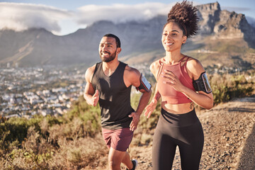 Fitness, exercise and couple running on mountain together for healthy body, wellness and workout....