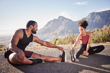 Fitness, exercise and black couple stretching legs outdoors on road for health or wellness....