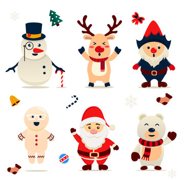 Santa deer snowman bear and friend cute character illustration set