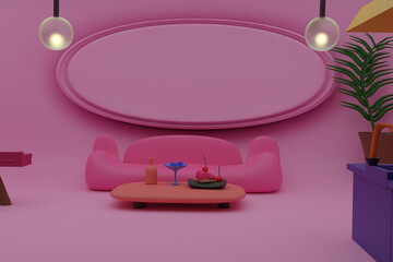 3D pink room with sofa