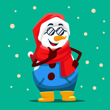 Snowman Character Mascot with Fashionable Style with glasses and santa hat on Christmas