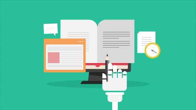 AI content writing, robot hand with pencil writing article instantly, automated writing assistant technology concept animation.