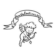 Flying Cupid or Amur with bow and arrow. Winged baby god of love Eros. Hand drawn linear doodle ink sketch. Isolated vector illustration.