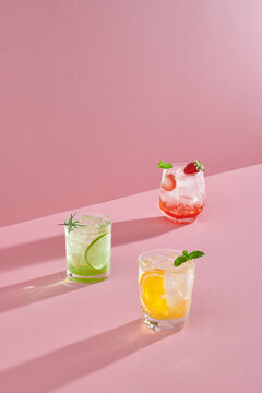 Set of various cold summer cocktails - lemonade, mojito