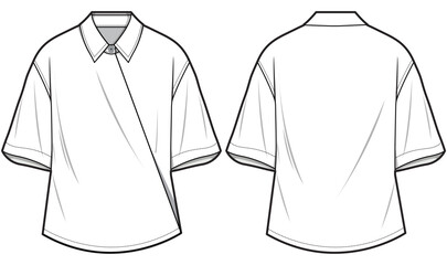 Draped Wrap Around Shirt Front and Back View. Fashion Illustration, Vector, CAD, Technical Drawing, Flat Drawing, Template, Mockup.
