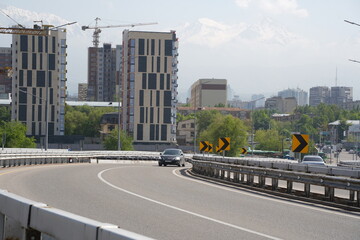 Almaty, Kazakhstan - 04.26.2022 : Traffic flow at the new road interchange.