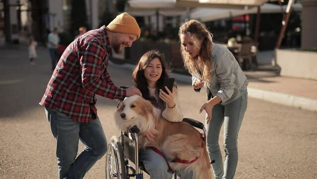Girl sitting on wheelchair with dog therapist and laughing with friends looking at smartphone outdoors. Three happy diverse multiethnic people spending time outdoors. Canister Therapy, diversity