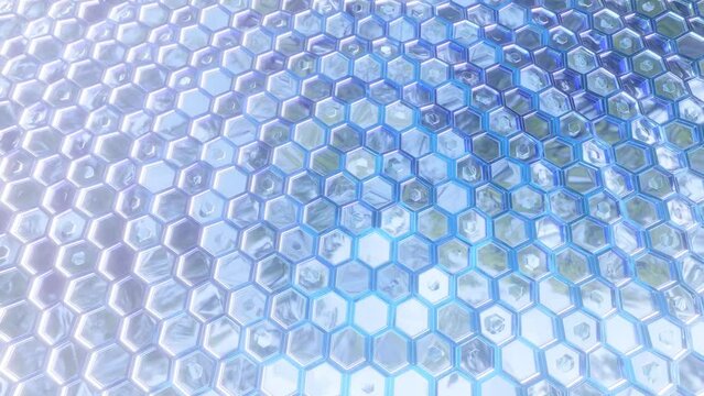 abstract wave animation illuminated and reflected ionic blue colors on honey-comb hexagon surface for your movie's background stuff.
