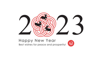 2023 New Year Card 28.  silhouette rabbits,numbers and Mizuhiki ribbon of plum blossom. 