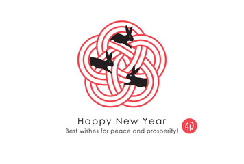 2023 New Year Card 29. Silhouette rabbits and Mizuhiki ribbon of plum blossom.
