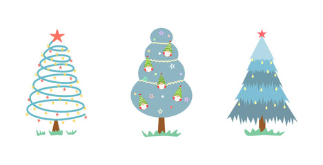 Vector - Cute collection of Christmas tree in different design. Blue color. Holiday, New Year, X'mas concept.