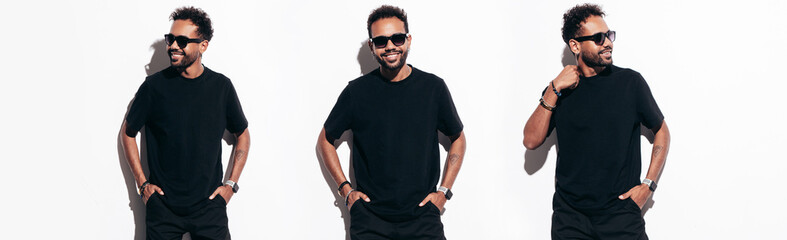 Template of black t-shirt on white background. Front view..Handsome smiling hipster model. Sexy...