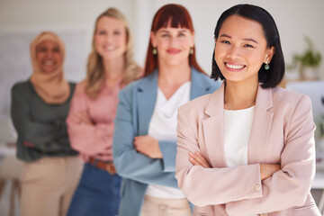 Success, leadership and group of business women standing in line for empowerment. Diversity, support and portrait of female workers in office for teamwork, collaboration and community in workplace