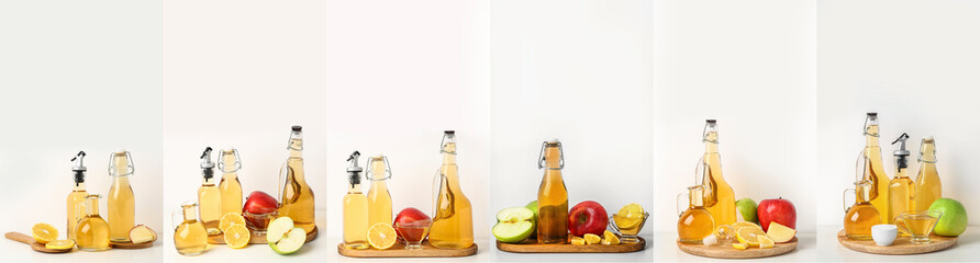 Set of apple cider vinegar on light background