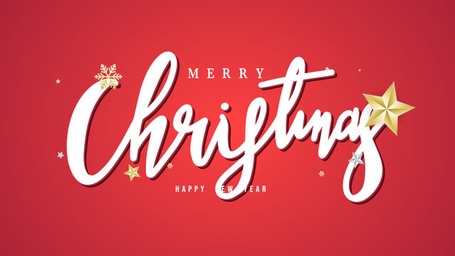 Merry Christmas calligraphy  with star tree and snow on red background  , Flat Modern design , illustration Vector EPS 10