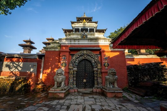 Taleju temple entrance with lion statues in Kathmandu