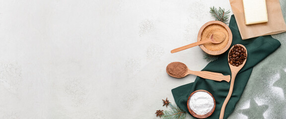 Ingredients for Christmas pie on grunge background with space for text