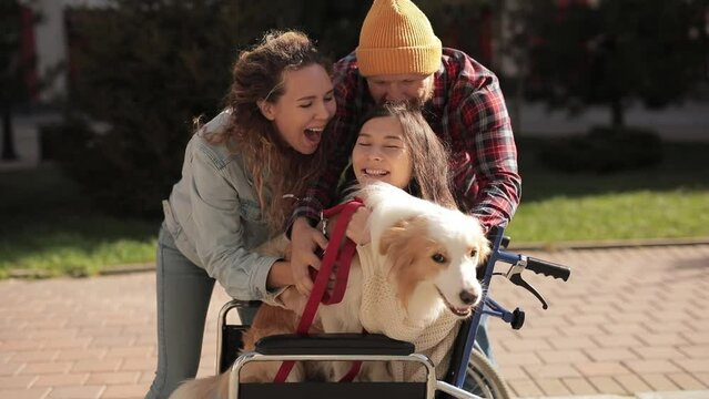Young women Girl play and work with pet dog therapist sitting on wheelchair and laughing with friends outdoors. Three happy diverse multiethnic people spending time outdoors. Canister Therapy