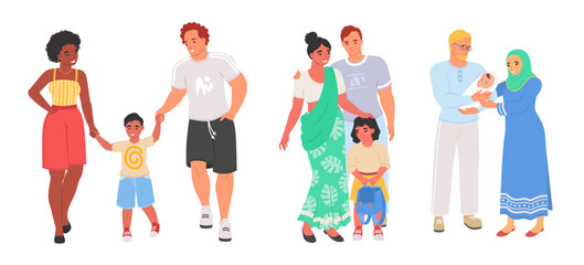 Fototapeta premium Interracial family couple with children vector set
