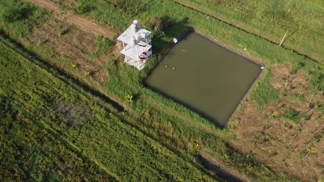 Aerial view of ponds for agriculture in rural areas. Pond for aggregate agriculture. Concept of sufficiency economy