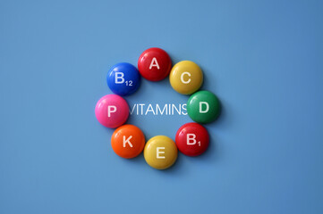 Vitamin icons on bright mugs. A symbol of the body's need for vitamins