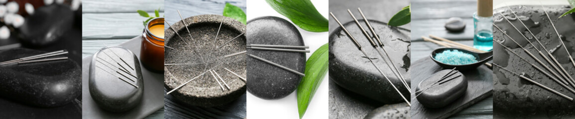 Collage with acupuncture needles and spa stones