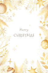 Watercolor hand drawn frame with shiny gold Christmas decoration elements, balls, yellow stars, snowy spruce branches, winter berries isolated on white background. New year illustration, greeting card
