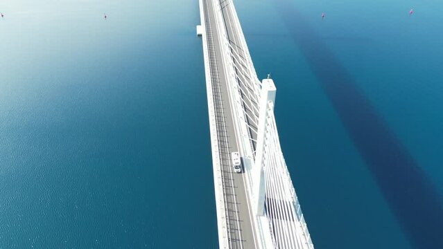 Peljesac bridge, &nbsp;suspension bridge Croatia  overhead birds eye view aerial reveal