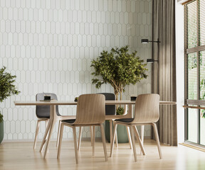 Dining room interior in elegant, minimalist style, tiled wall 