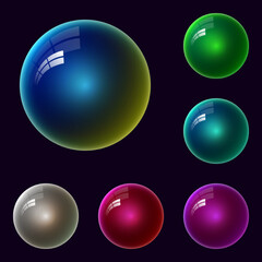 Christmas glossy balls with a glare. Vector illustration of a set of colorful glossy balloons on a dark background. Sketch for creativity.