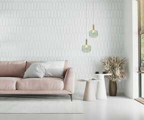 Modern room interior in light tones with pink sofa
