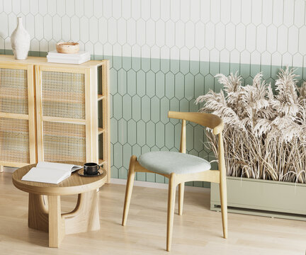Room interior with wooden furniture and tiled walls