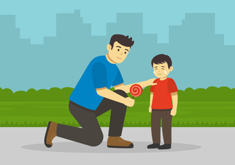 Young male character sits down and calms crying kid. Guy offers candy to a sad little boy. Flat vector illustration template.