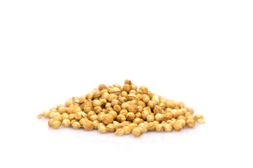 coriander seeds front view on white background.